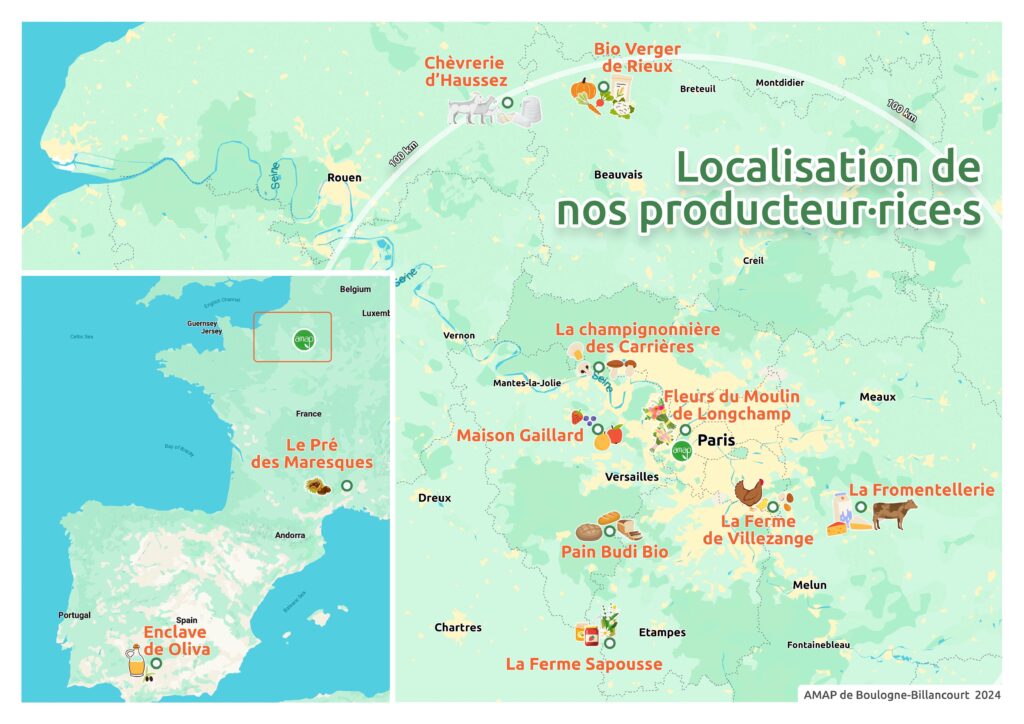 Localisation de nos producteurs sur une carte de France et dans la région Ile-de-France.